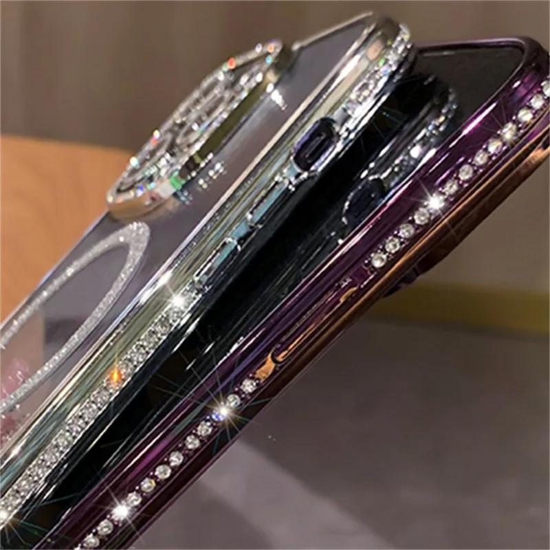 Fashion Luxury Glitter Diamond Transparent Case iPhone 15 14 13 12 11 16 Pro Max Plus Magnetic Wireless Charge Bumper Cover