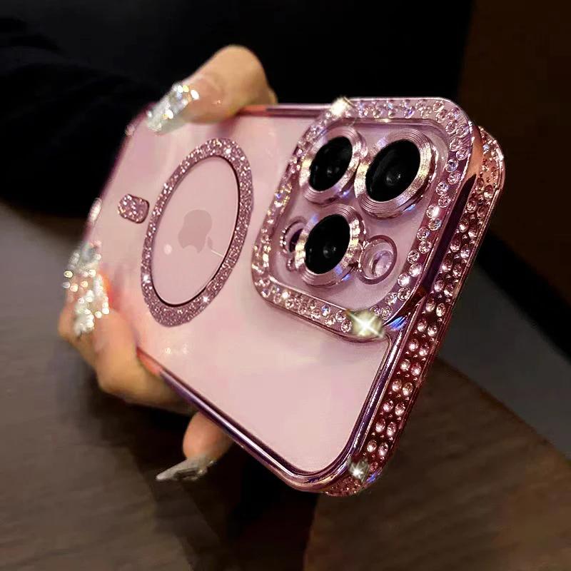 Fashion Luxury Glitter Diamond Transparent Case iPhone 15 14 13 12 11 16 Pro Max Plus Magnetic Wireless Charge Bumper Cover