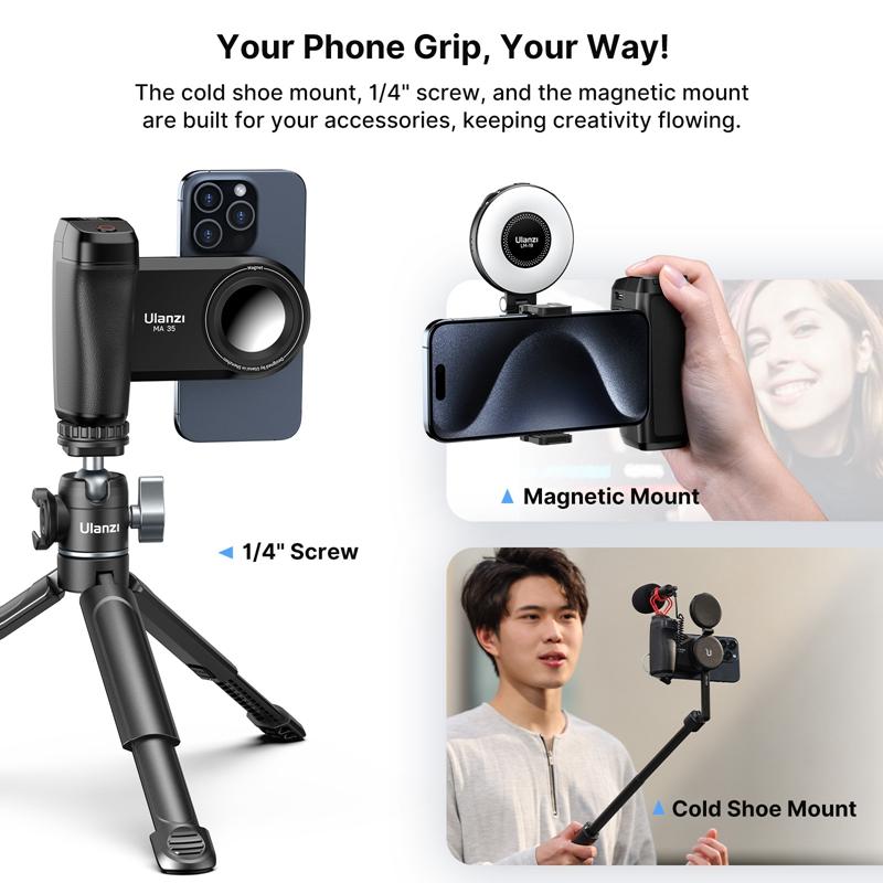 ULANZI Selfie Cellphone Tripod Mount MA35, 2-in-1 Magnetic & Phone Clip Camera Grip Handle Holder, With Remote & Cold Shoe Adapter, for Video Shooting