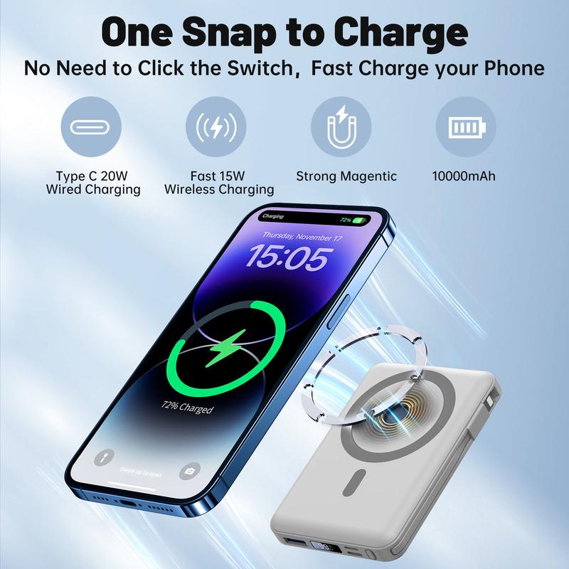 Yiisonger Magnetic Wireless Power Bank - 10000mAh Portable Charger 22.5W PD Fast Charging with Built-in Cables LED Display, Slim Magnetic Battery Pack for iPhone 15 14 13 12 Pro Mini Pro Max Smartphone Rechargeable Chargeable D011 case