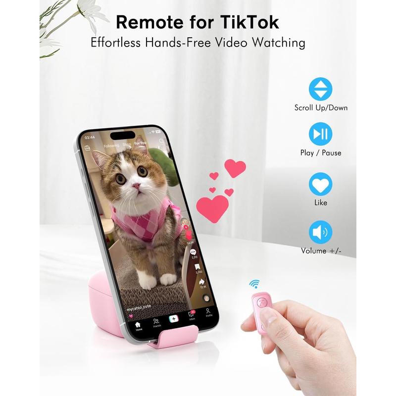 Remote Scrolling Ring for TikTok, 2-in-1 TIK Tok Scroller Ring with Phone Holder, Wireless Page Turner for iPad iPhone Ebook Reading, Photo Taking Video Recording Remote for iOS Android Devices Black tiktok  remote