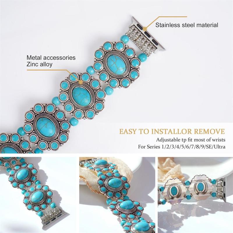 GIROUETTE Boho Style Turquoise Beaded Watch Band (Band Only), 1 Count Fashionable Watch Band for Women, Replacement Watch Band for Apple Watch Series 9 8 7 6 5 4 3 2 1 SE SE2