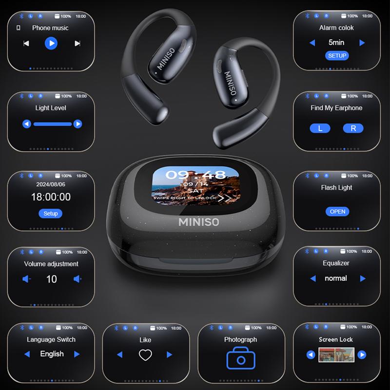 MINISO MS182 AI Headphones OWS Translation Wireless Bluetooth Earbuds HIFI Sound Quality Support 31 Languages Real Time Bluetooth Translation Earphones Support Playing Music Phone Calls Headphones Full Color Display Touch Screen Built-in Microphone