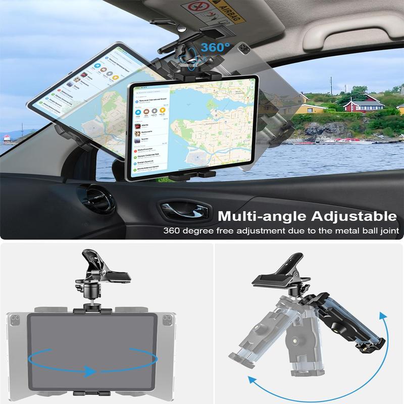 Car Sun Visor Tablet Holder, 360° Rotatable Car Sun Visor Tablet Clip, Universal Steering Wheel Tablet Clip with 1 4 Inch Screws, Compatible with iPad Pro Air Mini, Cell Phones,  4.7-12.9 Inch Devices