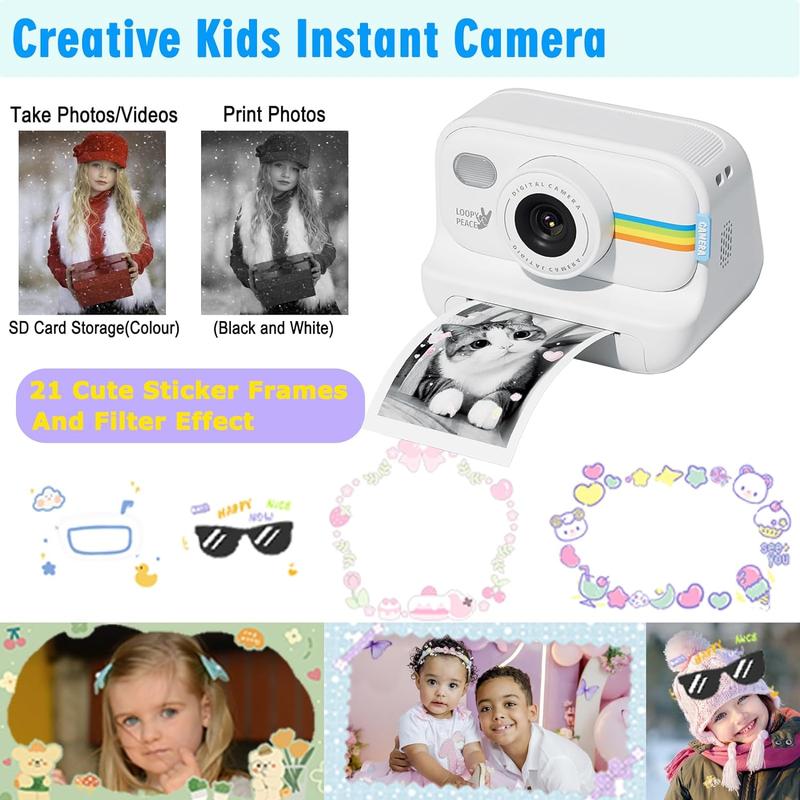 Children's camera，Inkless instant print camera 1080p, digital camera, with 8G memory card, compact portable camera for kids, teenagers, and beginners, Christmas birthday gift Durable Charging Adjustable  Chargeable Sd point and