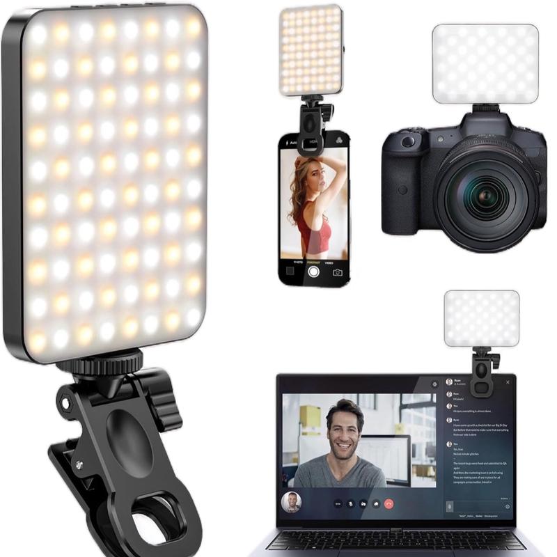 Adjustable 3-Light Modes Rechargeable Selfie Light for Phone Laptop Tablet (Black) - Camera Recording Mount Storage Silicone