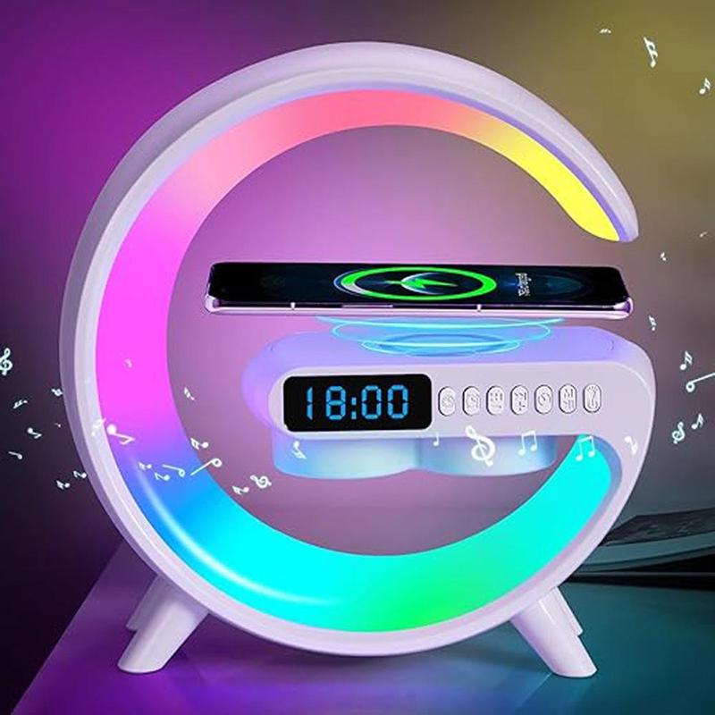 G Shaped Wireless Fast Charging Speaker with Night Light, BT Speaker Ambient Light for Bedroom, Wireless Charging Ambient Lamp with Alarm Clock for Home