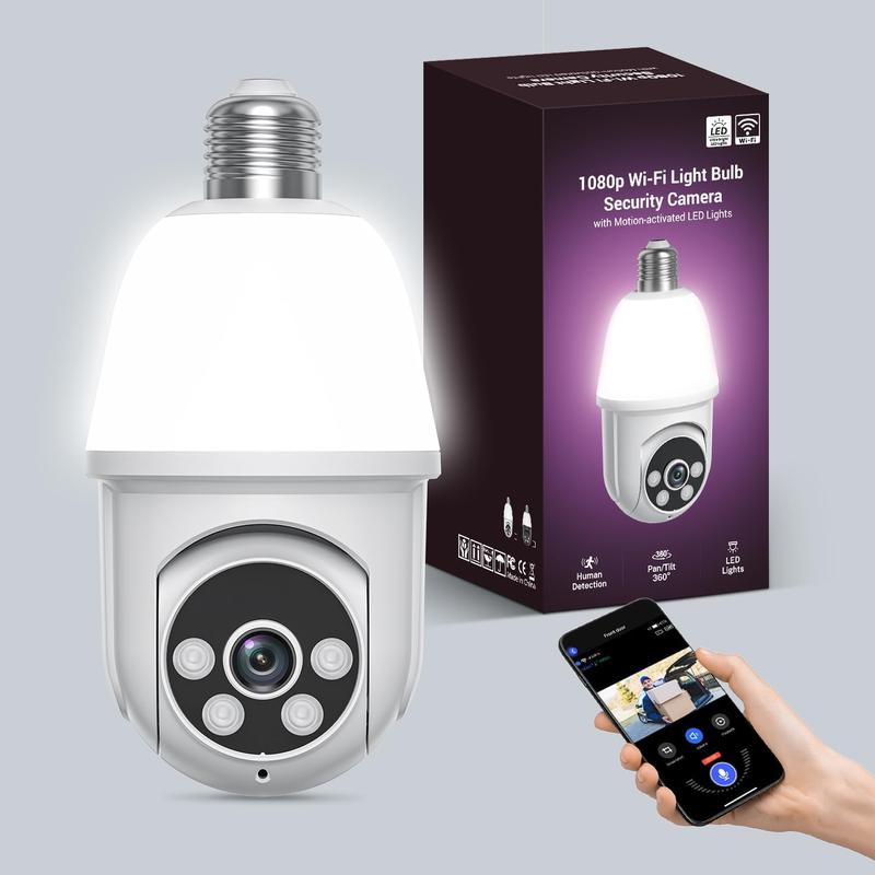 1080P Light Bulb Security Camera with Motion-Activated LED Lights, 2.4GHz WiFi, Motion Detection and Alarm, Two-Way Talk, Color Night Vision, Human Detection for Indoor Outdoor Home Security