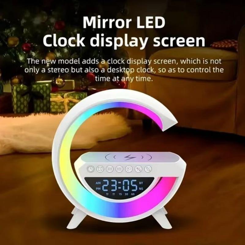 G Shaped Wireless Fast Charging Speaker with Night Light, BT Speaker Ambient Light for Bedroom, Wireless Charging Ambient Lamp with Alarm Clock for Home