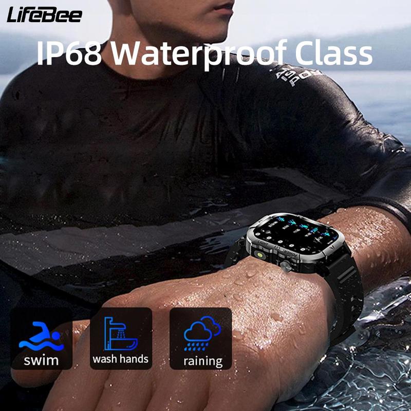 LIFEBEE Men's Smart Watch, IP68 Waterproof 2.01-inch Screen Tactical Smart Watch with LED Flashlight, 120+Sports Mode Civilian Compass Fitness Wristwatch, Smart & Wearable Devices for Smartphone, Sport Smartwatch