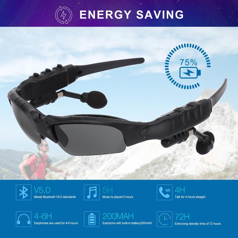 Wireless Sunglasses Smart Glasses Men Women Sport Glasses Music Sunglasses Headphone Stereo Sound Handfree Earphone for Smart Phone PC Outdoor Fishing Driving Cycling Black