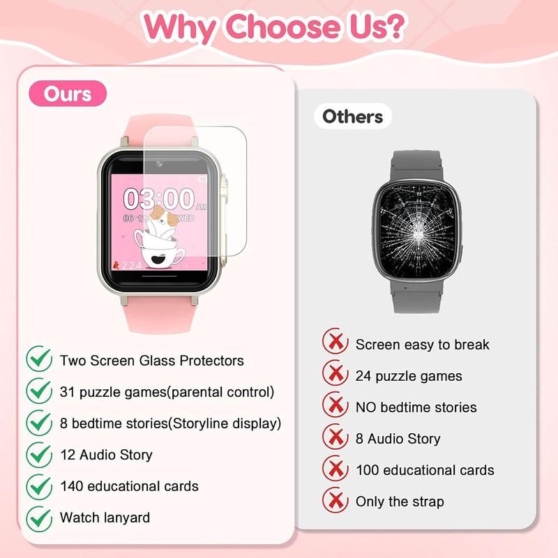 CJCmall Smartwatch Gift for Girls – Pink HD Touch Screen, 30+ Games, 140 Learning Cards, Camera, Music, & Pedometer – Perfect Fun & Educational Birthday Gift smart watches Multifunctional Smartwatch