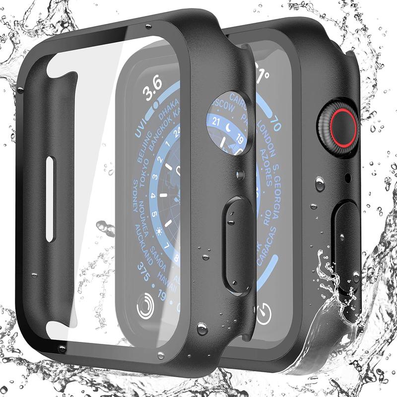 [2 Pack] Waterproof Black Hard Case with Tempered Glass Compatible with Apple Watch Series 9 (2023) Series 8 Series 7 45mm, Ultra-Thin Tough Protective Cover for iWatch Screen Protector Accessories Protection