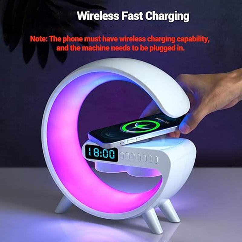 G Shaped Wireless Fast Charging Speaker with Night Light, BT Speaker Ambient Light for Bedroom, Wireless Charging Ambient Lamp with Alarm Clock for Home