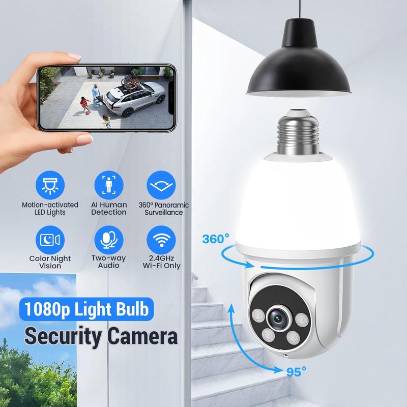 1080P Light Bulb Security Camera with Motion-Activated LED Lights, 2.4GHz WiFi, Motion Detection and Alarm, Two-Way Talk, Color Night Vision, Human Detection for Indoor Outdoor Home Security