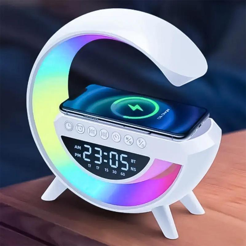 G Shaped Wireless Fast Charging Speaker with Night Light, BT Speaker Ambient Light for Bedroom, Wireless Charging Ambient Lamp with Alarm Clock for Home