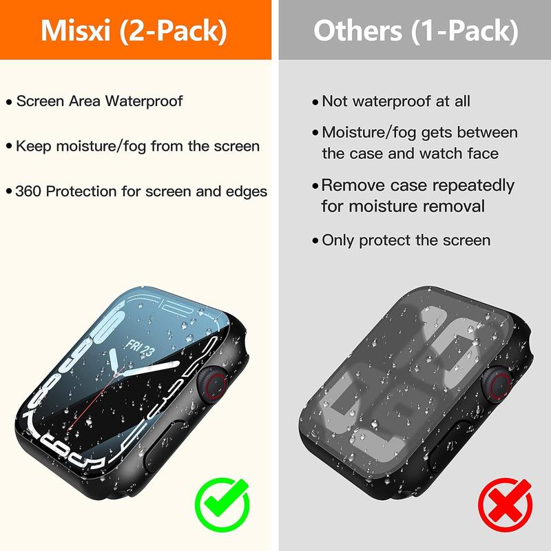 [2 Pack] Waterproof Black Hard Case with Tempered Glass Compatible with Apple Watch Series 9 (2023) Series 8 Series 7 45mm, Ultra-Thin Tough Protective Cover for iWatch Screen Protector Accessories Protection