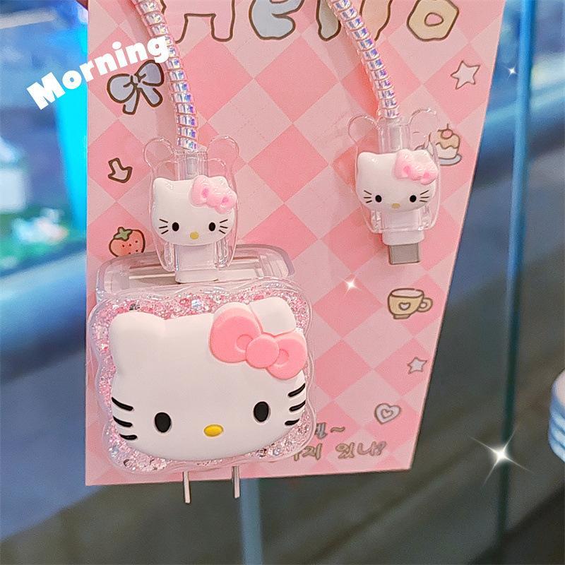 Sanrio Cat Design Data Cable Protector Set, Cute Cartoon Design Charger Protective Cover, Phone Accessories Compatible with iPhone 20W Charger