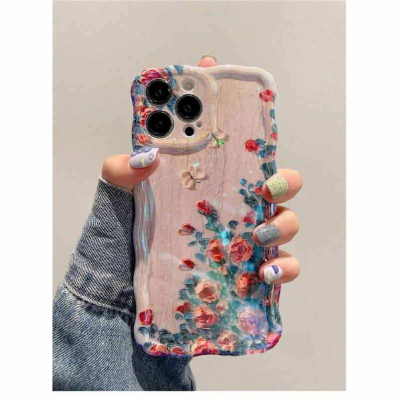 Flower oil painting art style phone case, wave edge camera protection phone case for iPhone 11 12 13 14 15 Pro Max