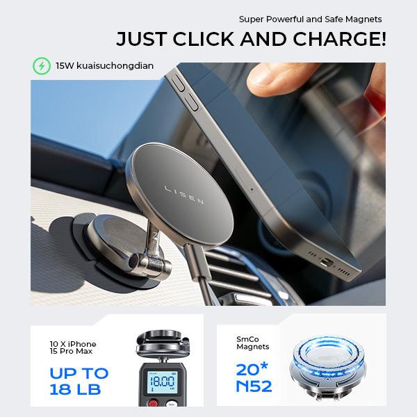 LISEN Magsafe Car Mount Charger 15W Fast Charging Wireless Magnetic Charging Smartphone Cellphone Electronic Mobile