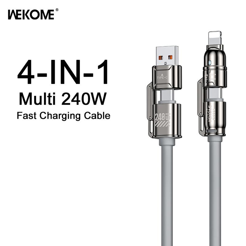 WEKOME 4-in-1 Multi USB Charging Cable with USB A,Type C,Lightnig - MAX 240W Fast Charging & Data Sync,Zinc Alloy Design,4FT Silicone Cable,Compatible with iphone 16 15,iPad Pro,Samsung,and Laptops Android Device Smartphone Cellphone Electronic Charger