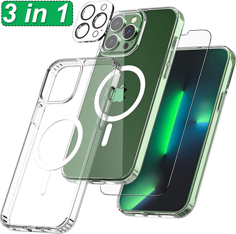 XG-Tech iPhone 16 15 Plus 14 13 Mini 12 11 Pro Max Magnetic Clear Transparent Case Compatible With MagSafe Cover - [Free] Tempered Glasses + [Free] Camera Lens Protector