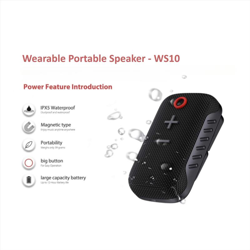 Portable Wireless Speaker, Magnetic Clip-on Design Wireless Speaker with Built-in Microphone, Rechargeable Waterproof Speaker for Work, Outdoor, Travel