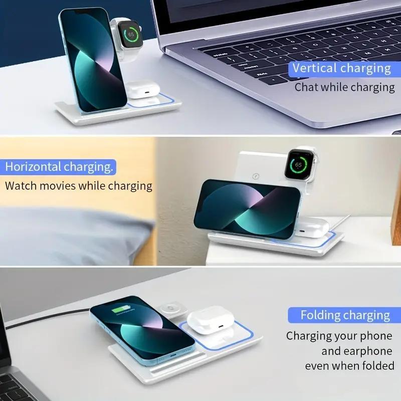 Foldable 3 In 1 Mobile Charging Station, 15W Smartphone Wireless Charger Stand, Folding Cellphone Charging Station for iPhone & Watch & AirPods, Portable Charger Station for Electronic Devices, Fall Gift