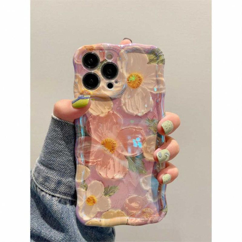 Flower oil painting art style phone case, wave edge camera protection phone case for iPhone 11 12 13 14 15 Pro Max