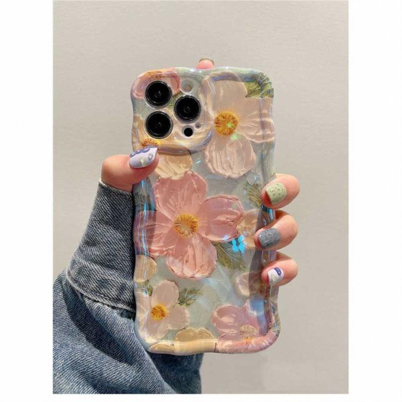 Flower oil painting art style phone case, wave edge camera protection phone case for iPhone 11 12 13 14 15 Pro Max