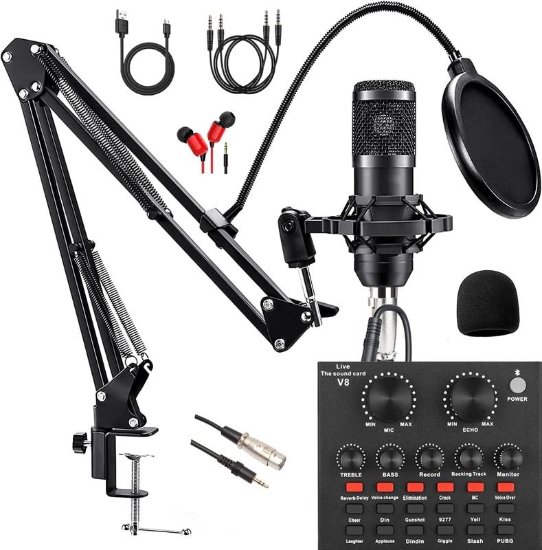 Podcast Equipment Bundle, with BM800 Podcast Microphone and V8 Sound Card, Voice Changer - Audio Interface -Perfect for Recording, Singing, Streaming and Gaming (V8-Black)