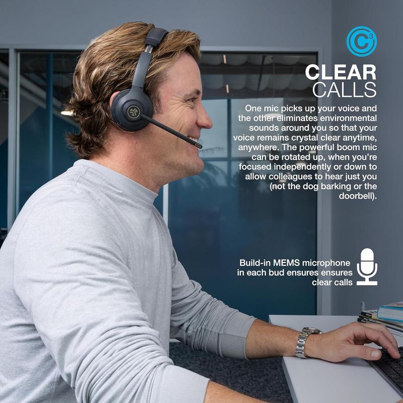 JLab Go Work Gen 2 Wireless Headset, Boom Mic, 55+ Playtime, Bluetooth Headset, Connect to Laptop, PC, Mac, Android, iPhone, USB-C Dongle Charging