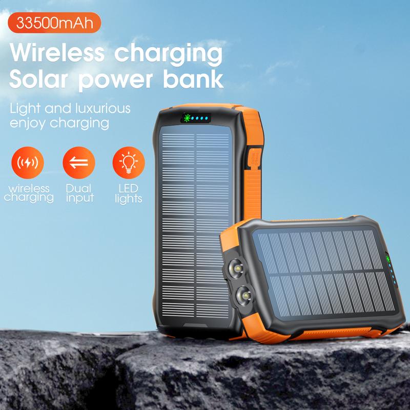 Solar Power Bank, PD20W QC3.0 Fast Charging 10W Wireless Charger 33500mAh Solar Powered Powerbank with Type C Input Output, 5 output ports for efficient charging，IP67 Waterproof, anti-fall，Camping Flashlight。 Suitable for outdoor activities, etc