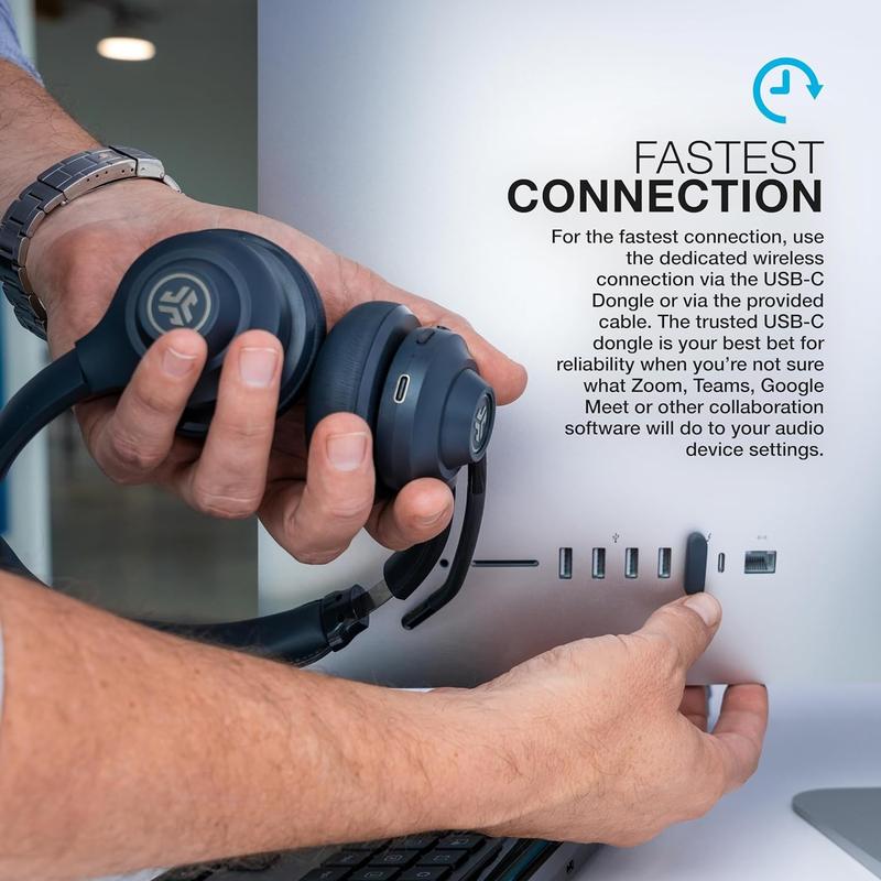 JLab Go Work Gen 2 Wireless Headset, Boom Mic, 55+ Playtime, Bluetooth Headset, Connect to Laptop, PC, Mac, Android, iPhone, USB-C Dongle Charging