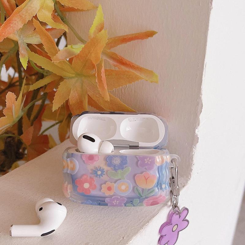 Cute Flower Pattern Earphone Case with Keychain, 1 Count Soft TPU Earphone Protective Cover, Earphone Accessories Compatible with AirPods