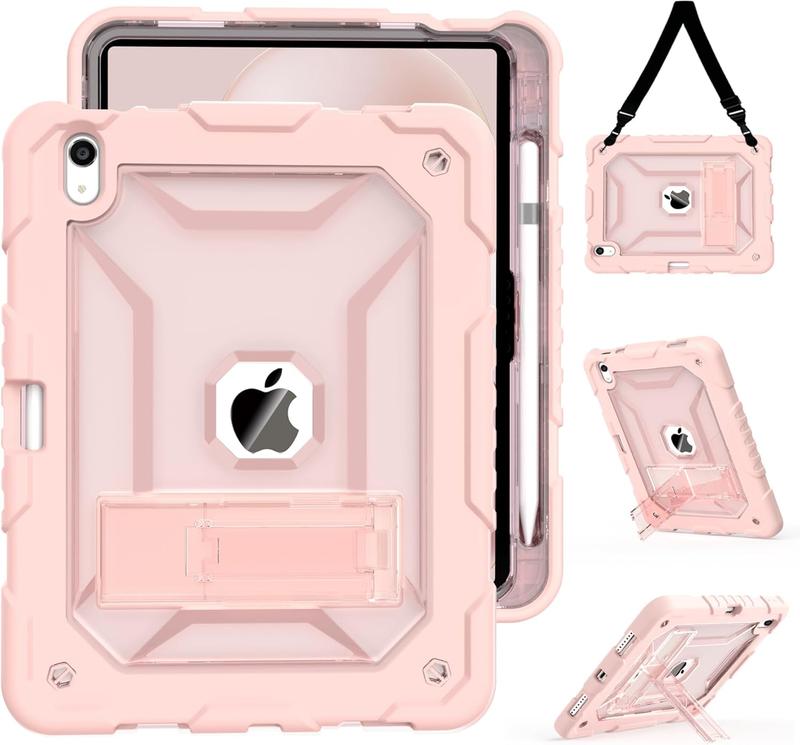 Case for iPad 10th Generation Case 2022 with Shoulder Strap, Translucent Hard PC Back Cover, with Kickstand and Pencil Holder, Heavy Duty Shockproof Protective iPad 10th Cover, Pink