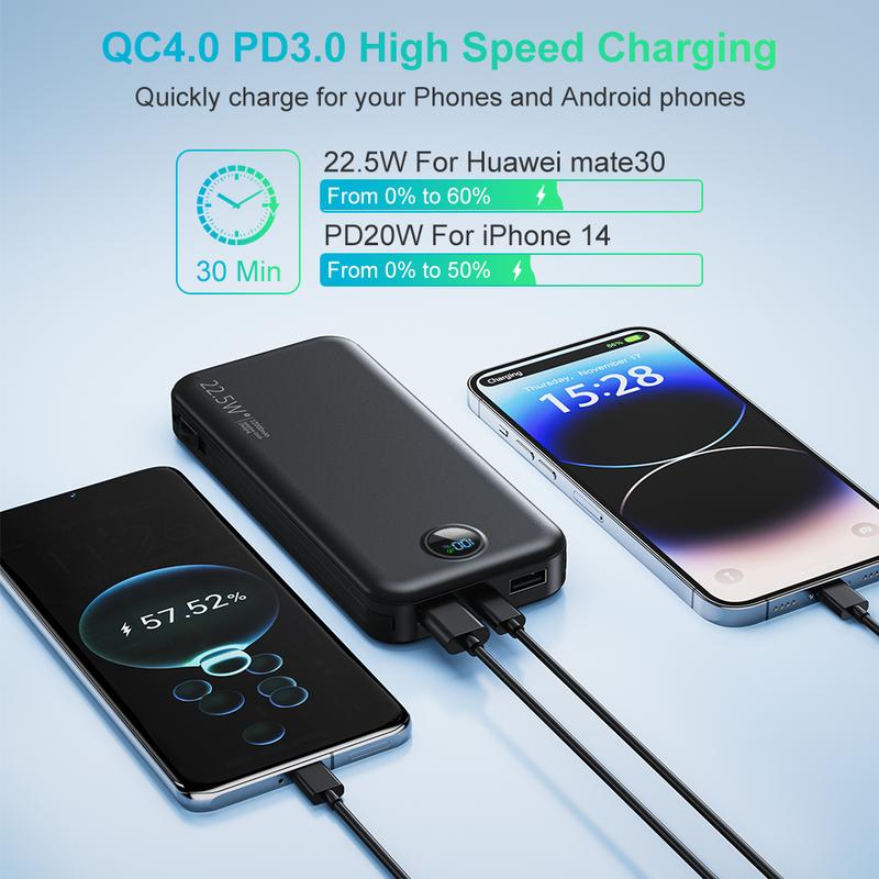 12000mAh Portable Charger with Built-in Cables and AC Wall Plug, Slim Fast Charging USB C Power Bank, Travel Essential Battery Pack with LED Display Compatible with iPhone, iPad, Samsung etc, Christmas Gifts