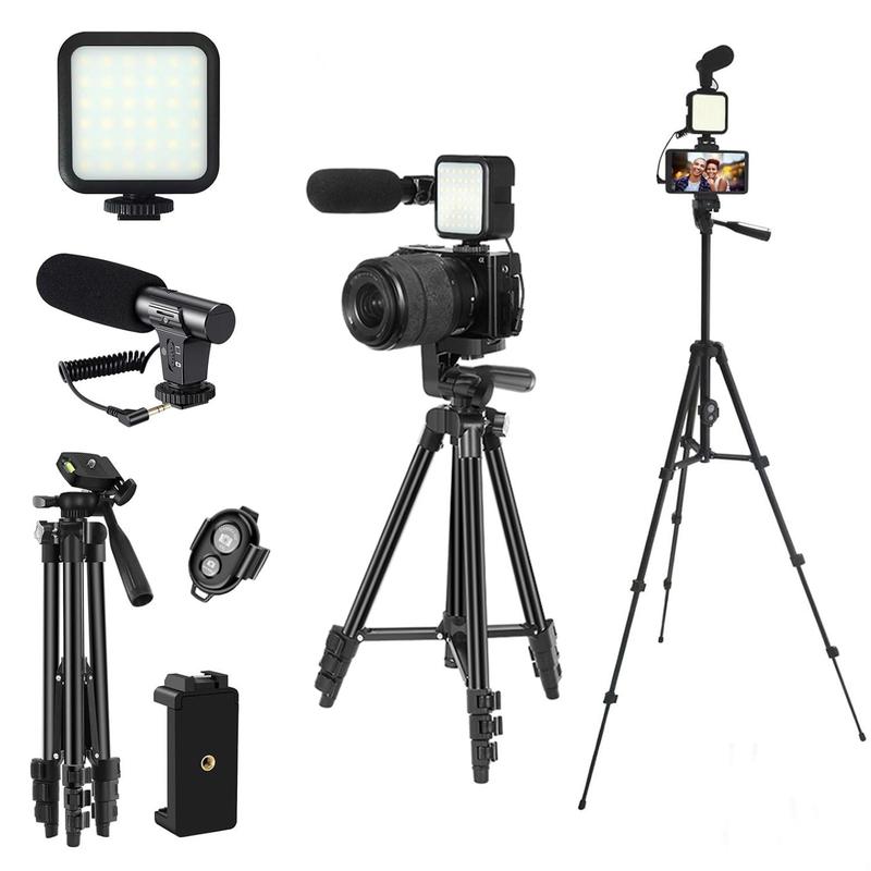 Video Blog Kit, 1 Set Telescopic Tripod & Microphone & Fill Light & Remote Control, Camera Accessories for iPhone & Android & Camera