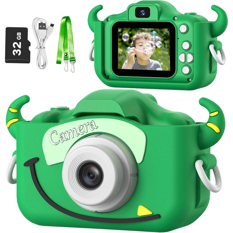 Kids Camera Toys for 3-8 Year Old Boys,Children Digital Video Camcorder Camera with Cartoon Soft Silicone Cover, Best Chritmas Birthday Festival Gift for Kids - 32G SD Card Included