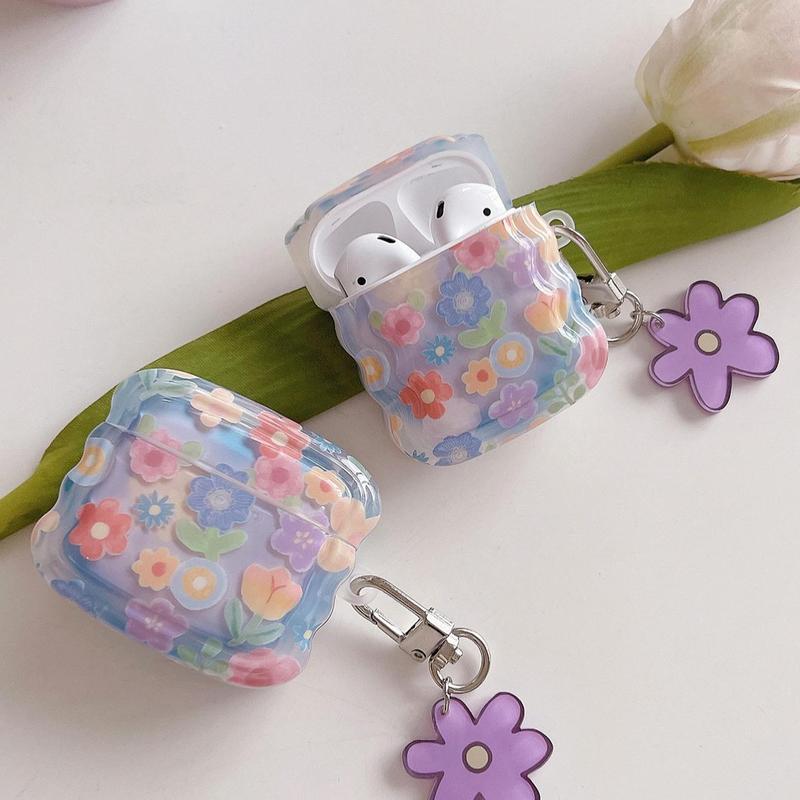 Cute Flower Pattern Earphone Case with Keychain, 1 Count Soft TPU Earphone Protective Cover, Earphone Accessories Compatible with AirPods