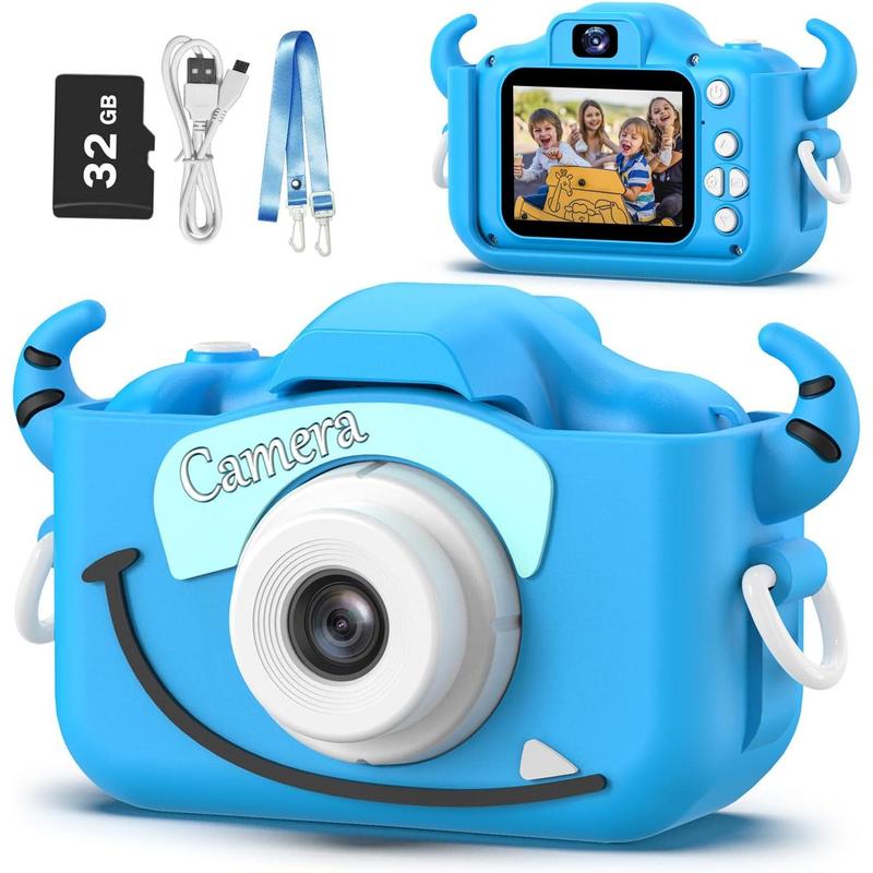 Kids Camera Toys for 3-8 Year Old Boys,Children Digital Video Camcorder Camera with Cartoon Soft Silicone Cover, Best Chritmas Birthday Festival Gift for Kids - 32G SD Card Included