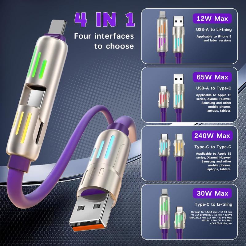 USB C Cable, 240W 4 in 1 MultiCharging Cable USB Charger Cablewith Breathing Light, Combo LPort Type C USB A Fast ChargingCord for iPhone Pro Max LaptopSamsung Device Charging, 5FT-Purple