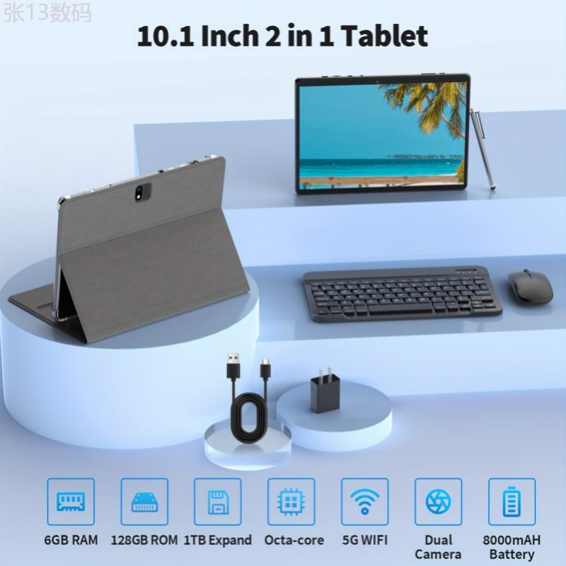 Tablet With Keyboard, 2 In 1 Tablet, 6GB+128GB, 1TB Expand, Android 13 Tablet, 10 Inch Tablet With Case, Mouse, Stylus, 2.4G 5G WiFi, GPS, Tablet PC Charging Communication Electronic Plastic Radio Rechargeable