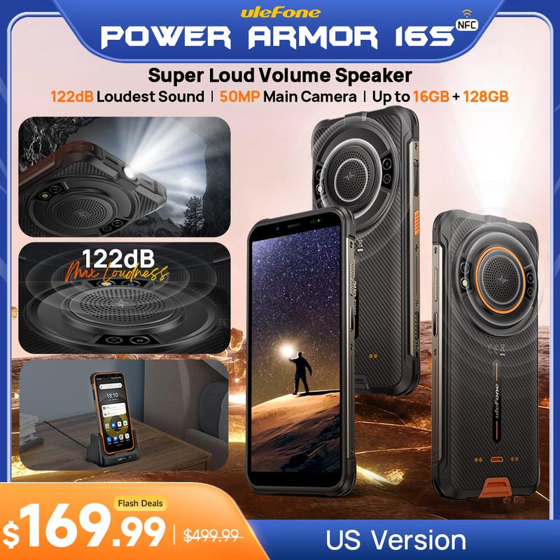 Ulefone Power Armor 16S Rugged Unlocked Phones, 3.5W Loud Speaker, 122dB  Loudest Sound,16GB(8GRAM+8G Virtual RAM)+128GB, 50MP+2MP+8MP Camera, 9600mAh Battery, 5.93