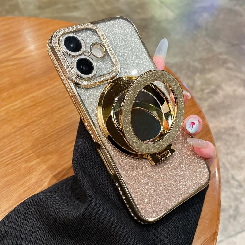 Glitter Rhinestone Phone Case with Ring Mirror Holder, 1 Count Fashion Phone Protective Cover, Phone Accessories for iPhone 15 Pro Max 14 Plus 13 12