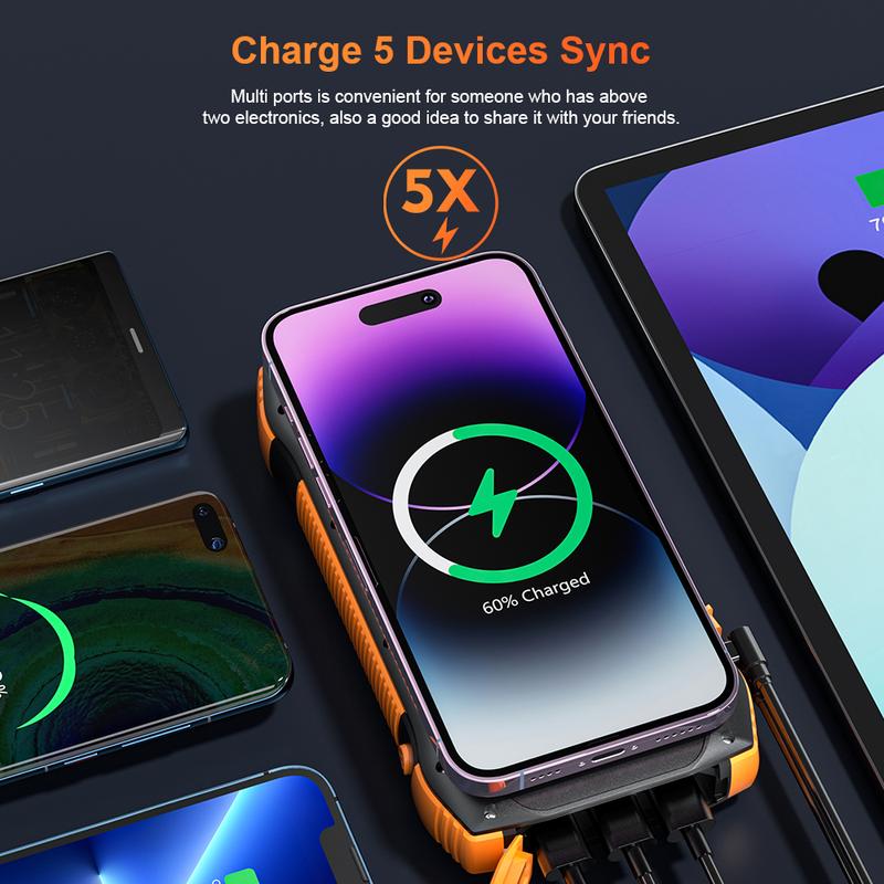 Solar Power Bank, PD20W QC3.0 Fast Charging 10W Wireless Charger 33500mAh Solar Powered Powerbank with Type C Input Output, 5 output ports for efficient charging，IP67 Waterproof, anti-fall，Camping Flashlight。 Suitable for outdoor activities, etc