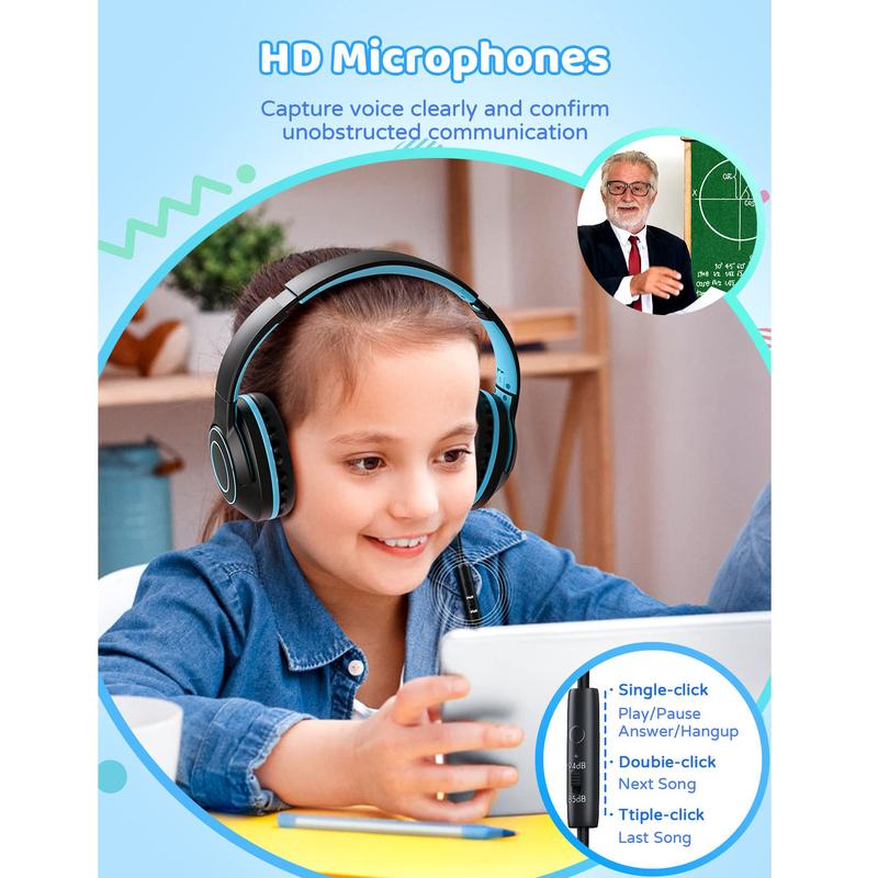 Kids Headphones with Microphone, Safe Volume Limiter 85 94dB, Wired Headphones for Kids, Adjustable Headband, Stereo Headphones for Boys & Girls, Enfant Headphones for Online School Travel