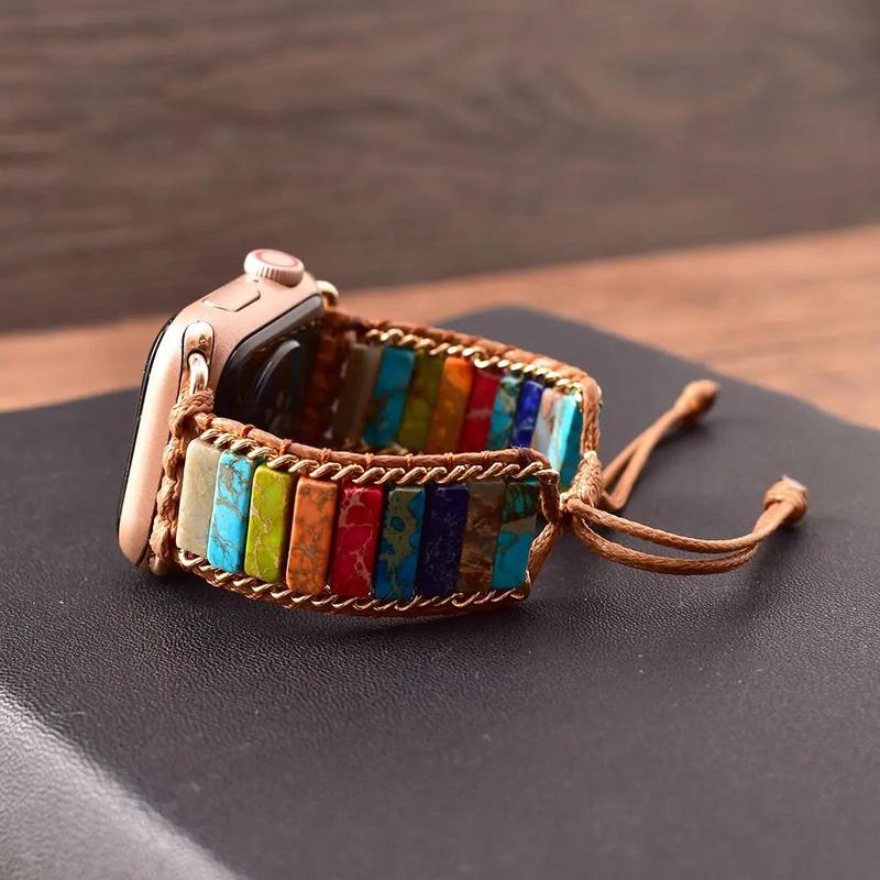 Boho Stone Bracelet Compatible with iWatch Band 38 40mm Women, Handmade Chakra Energy Natural Stone Summer Colorful Stone Strap for iWatch Series 9 8 7 6 5 4 3 2 1 SE Ultra Accessories Wearable