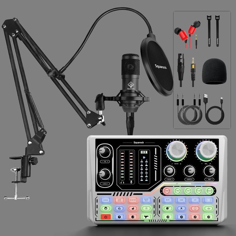 Squarock V10 Podcast Equipment Bundlefor 2,Audio Interface Dj Equipment with Condenser Microphone forPodcast Recording Gaming