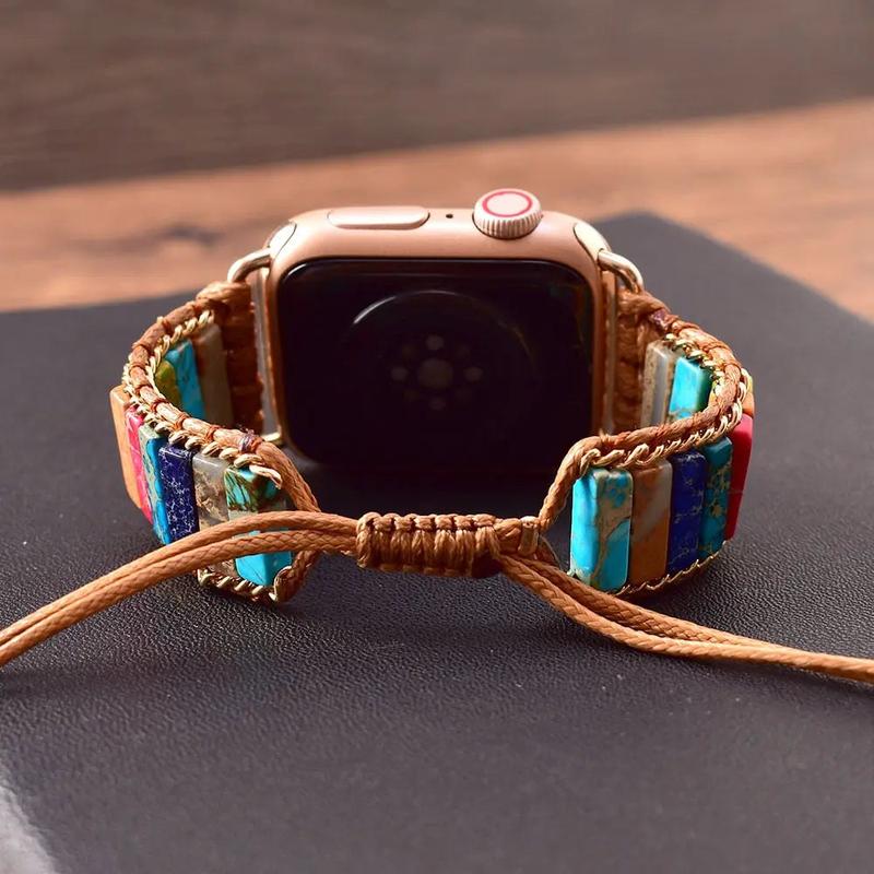 Boho Stone Bracelet Compatible with iWatch Band 38 40mm Women, Handmade Chakra Energy Natural Stone Summer Colorful Stone Strap for iWatch Series 9 8 7 6 5 4 3 2 1 SE Ultra Accessories Wearable